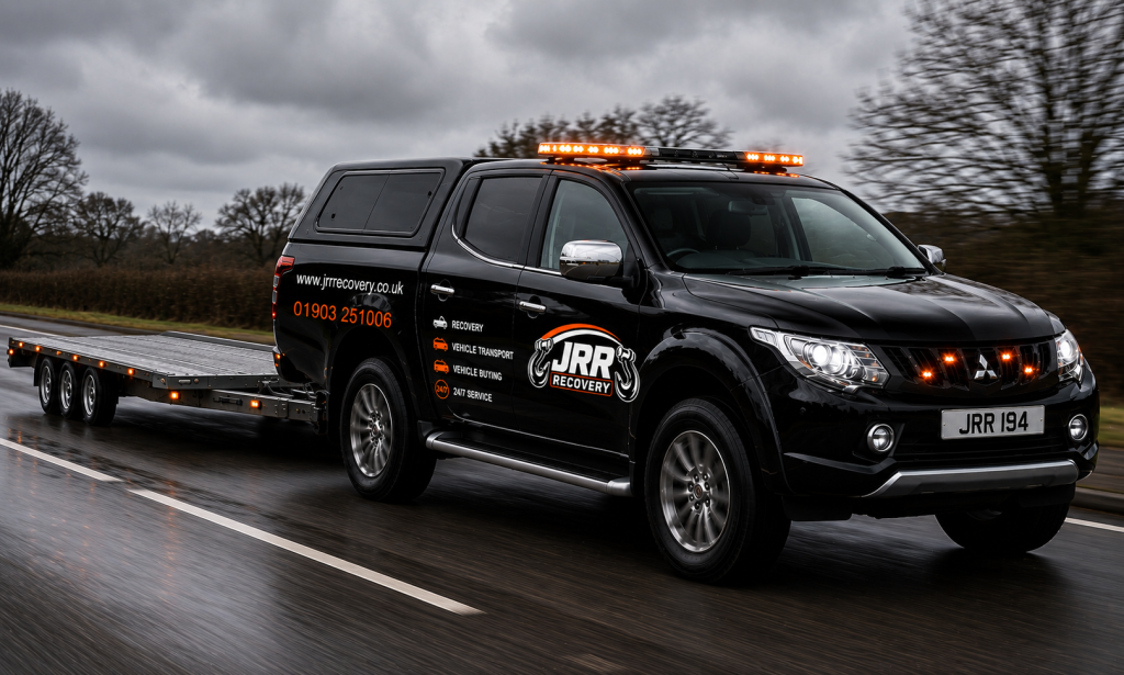 JRR Recovery roadside assistance pickup towing a flatbed trailer